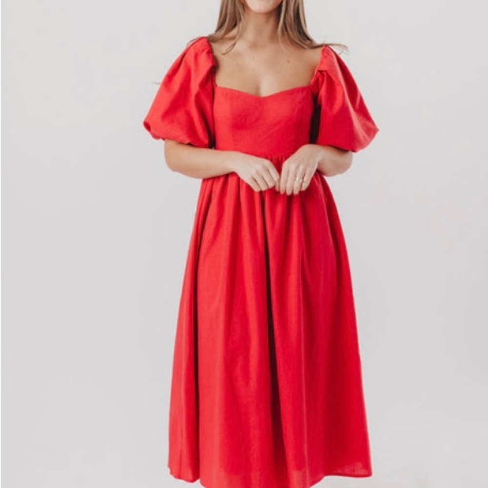 Elegant Red Puff Sleeve Dress